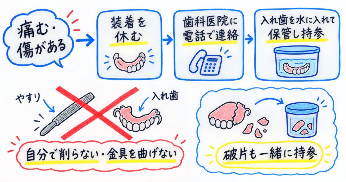 傷ができた今、入れ歯は使い続けてよい?受診までの判断
